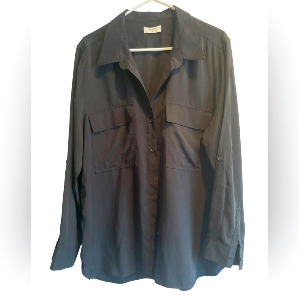 Aritzia Babaton Shirt Women XL Career Casual Minimal Roll Tab Sleeves Black
